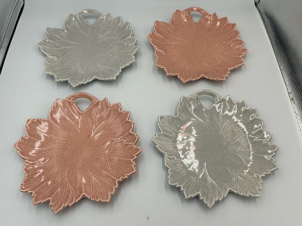 Vintage Woodfield Steubenville Leaf Plates Set 4 Pink Gray Speckled Salad MCM